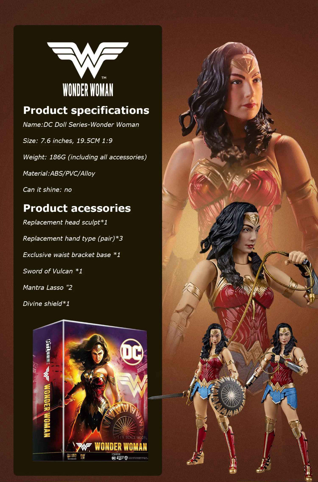 WONDER WOMAN  ACTION FIGURE JUSTICE LEAGUE 1/9 SCALE 19Cm CON SCATOLA ORIGINALE